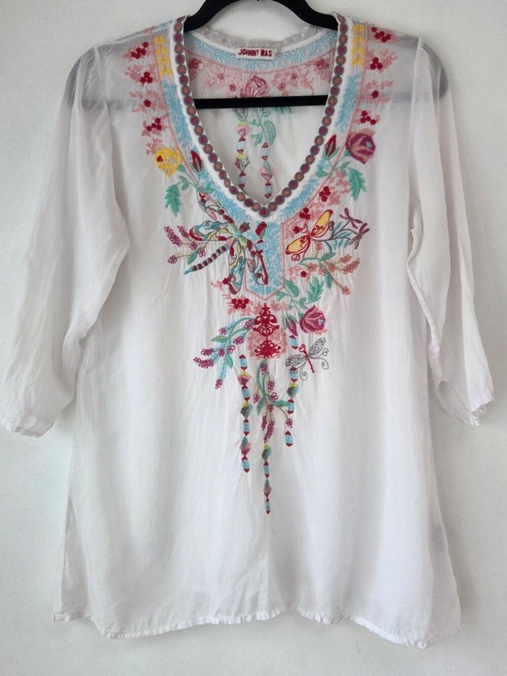 Johnny Was Embroidered White Blouse Top Tunic Floral Shirt Women's S